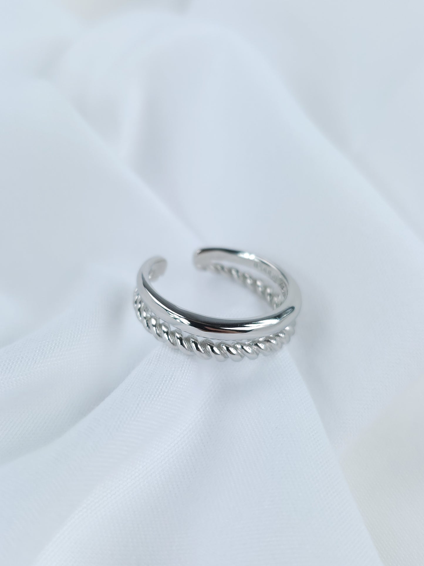 Bague 2 rangs lisse et torsadé réglable, argent 925/1000 rhodié