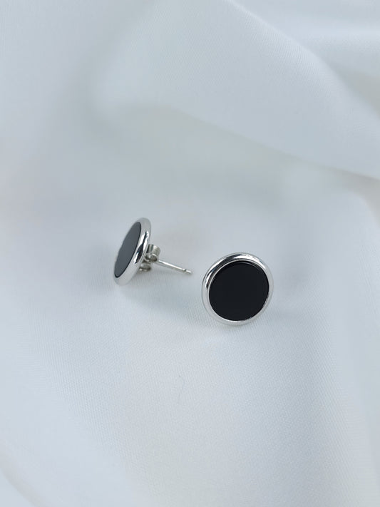 Boucles d'oreilles style puces rondes en argent 925/1000 rhodié et onyx